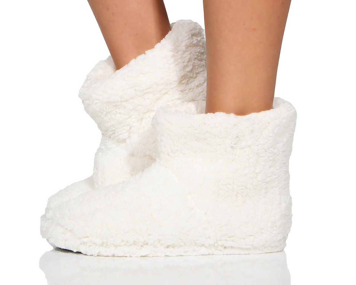 simaranda 710 rutschfeste Stiefelette mit ABS und Teddyfell Hüttenschuhe zum Schlupfen (beige)