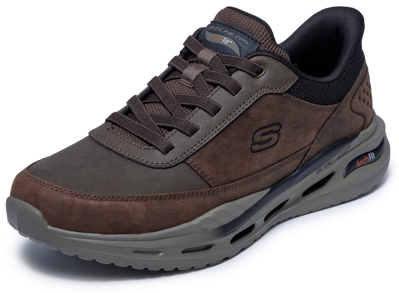 Skechers ARCH FIT ORVAN Slip-On Sneaker Schnürschuh, Trainingsschuh mit Glide Step (braun)