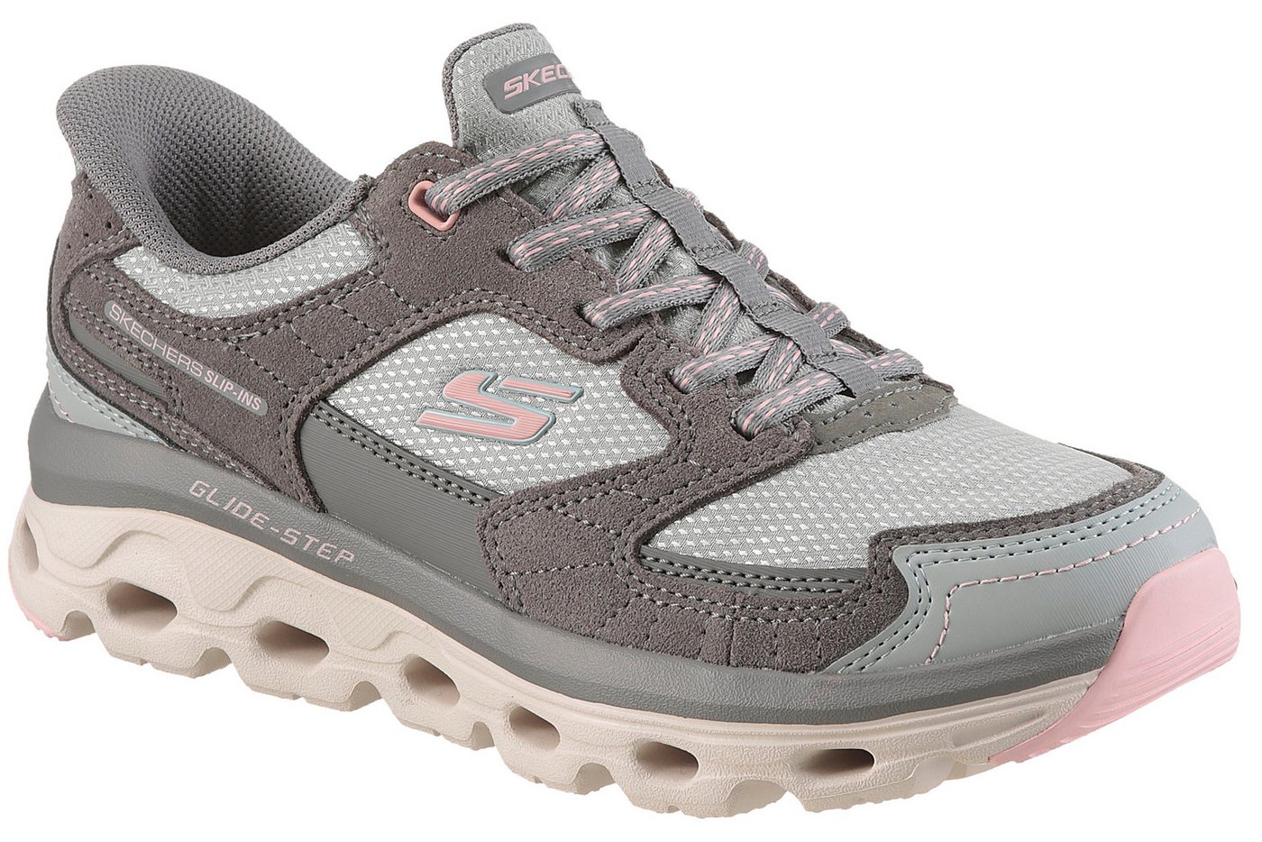 Skechers GLIDE-STEP SOLE-PARADISE VALLEY Slip-On Sneaker Freizeitschuh, Schnürschuh mit elastischen Schnürsenkeln (grau/rosa)