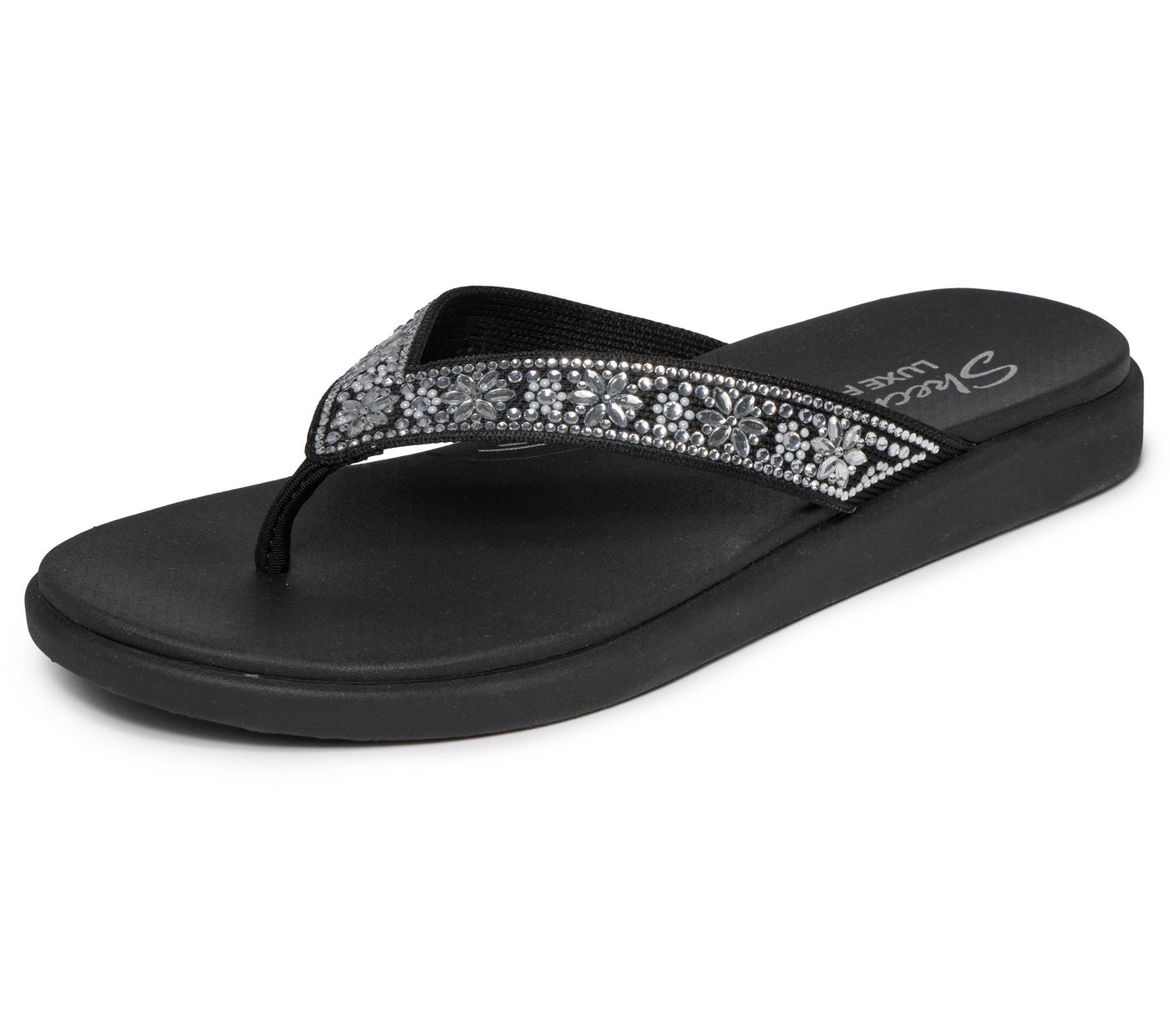 Skechers MEDITATION LUXE Zehentrenner Sommerschuh, Strandschuh, Urlaubsschuh mit Glitzersteine (schwarz)