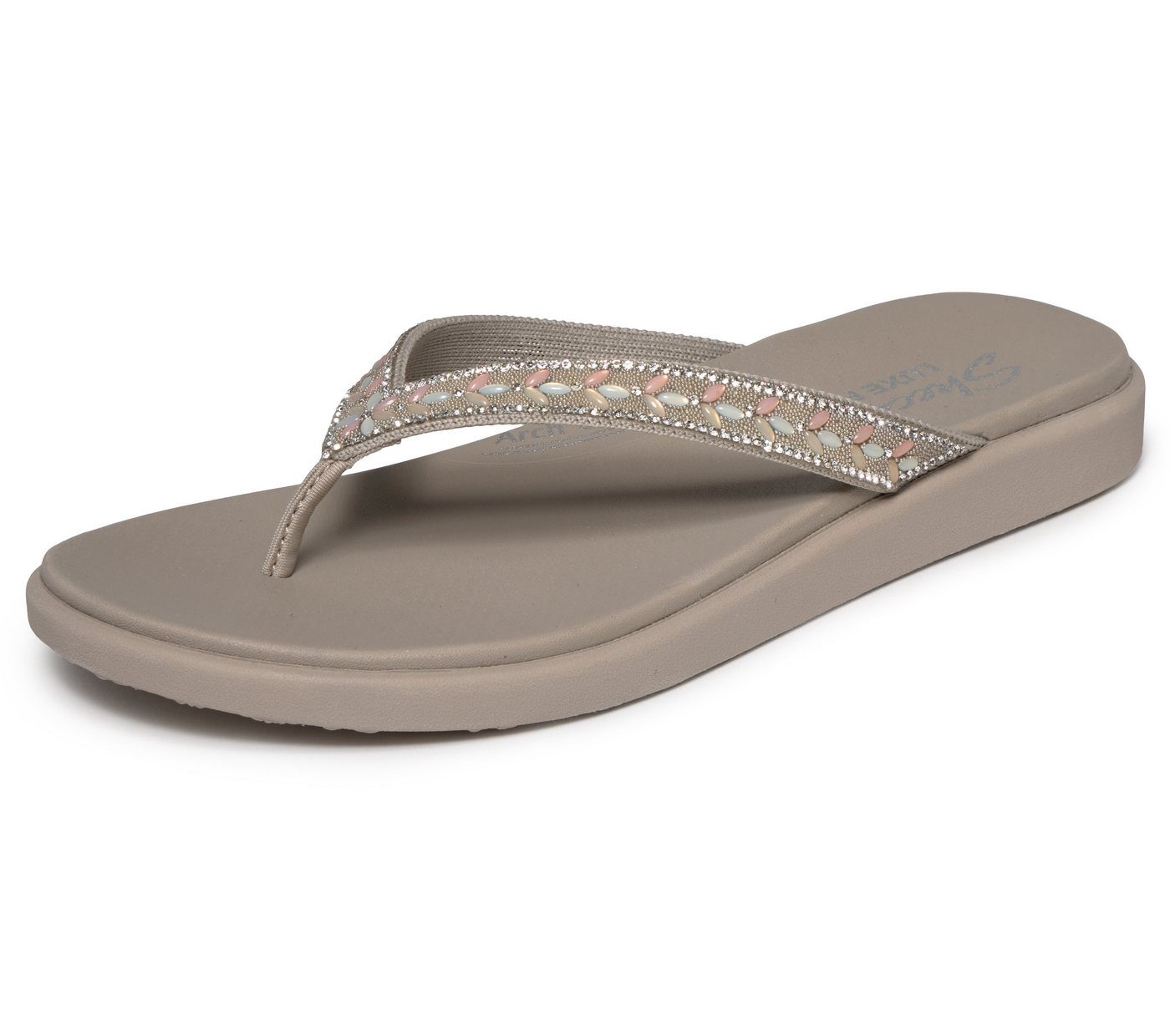 Skechers MEDITATION LUXE- Zehentrenner Strandschuh, Sommerschuh, Badeschuh mit Glitzersteinchen (beige/bunt)