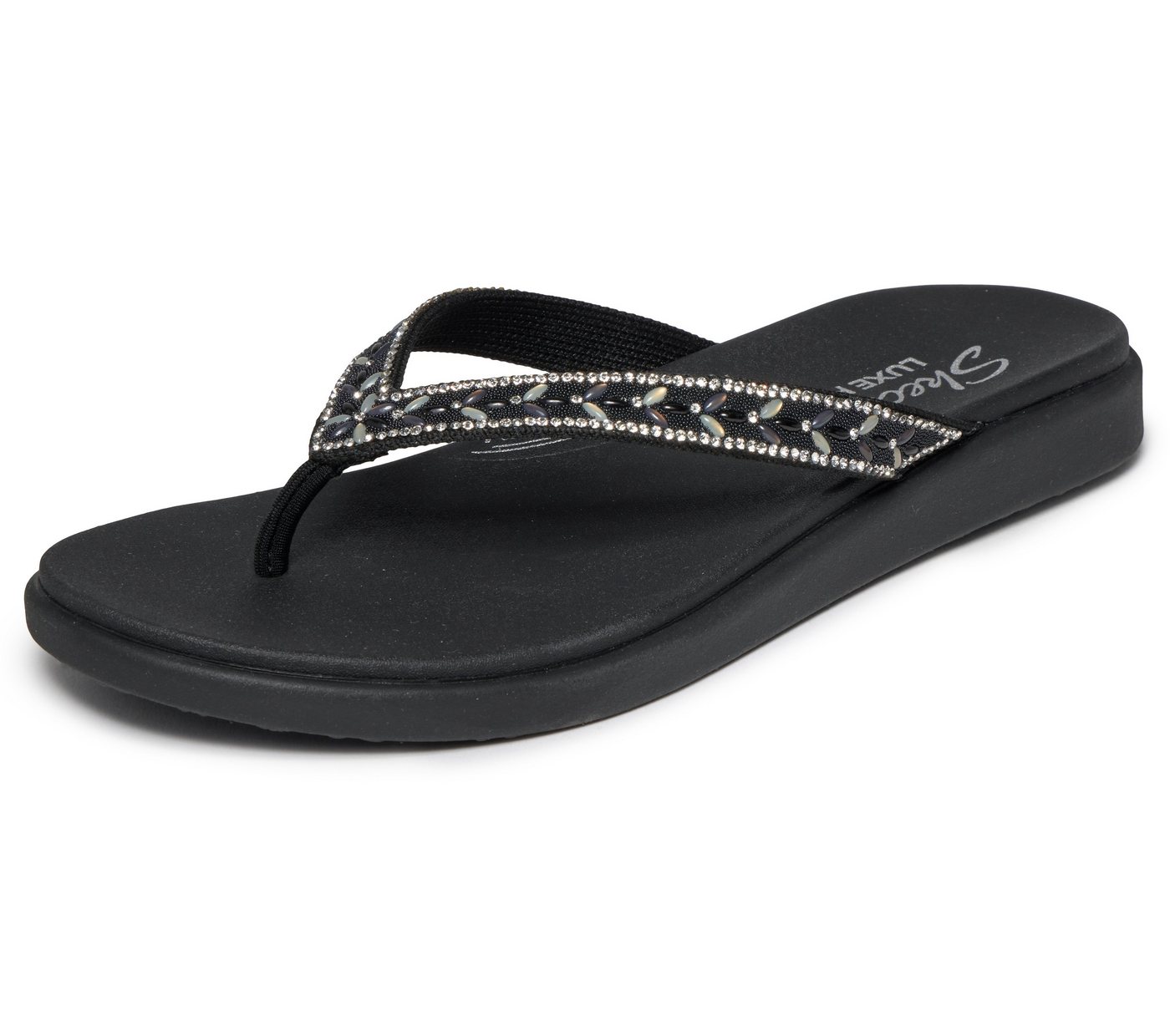 Skechers MEDITATION LUXE- Zehentrenner Strandschuh, Sommerschuh, Badeschuh mit Glitzersteinchen (schwarz)