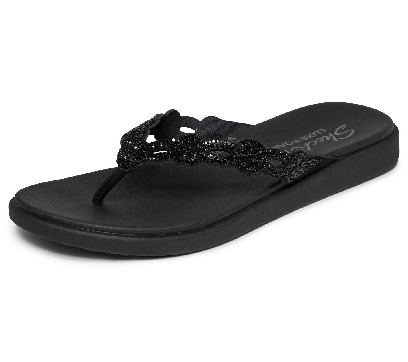 Skechers MEDITATION LUXE Zehentrenner Strandschuh, Sommerschuh, Badeschuh mit Schmucksteinchen (schwarz)