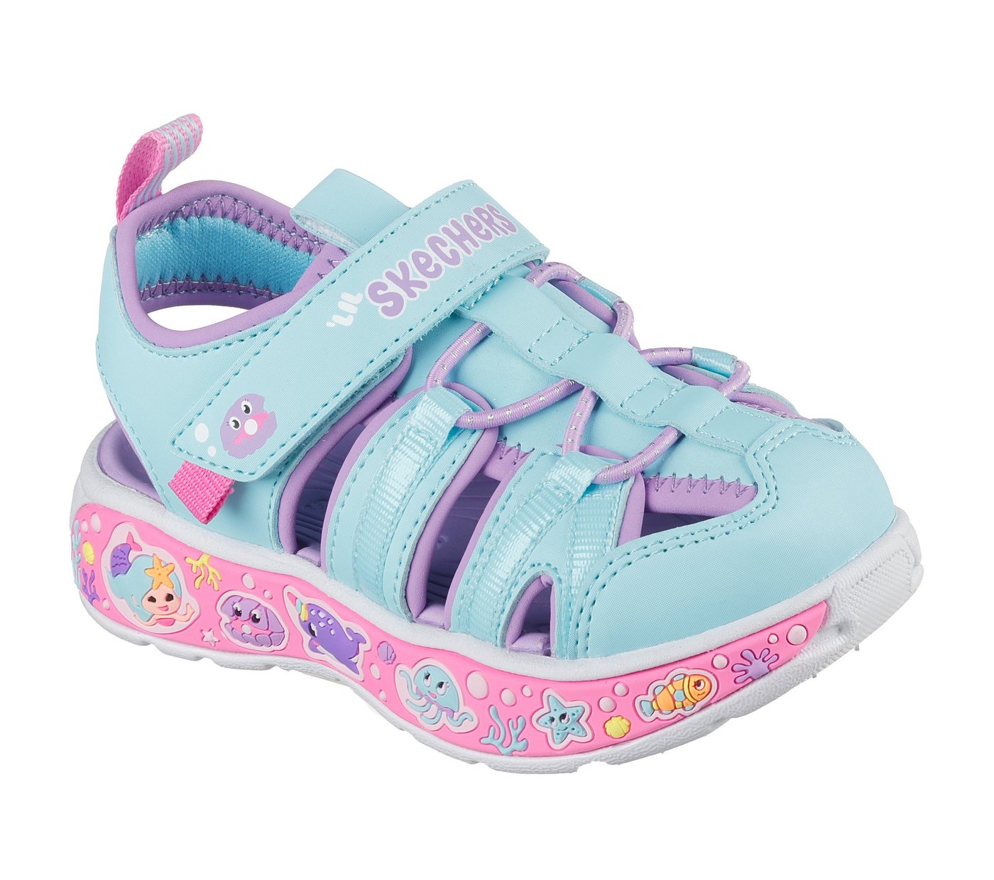 Skechers PLAY SCENE SPLASH Sandale Badeschuh mit bunter Sohle, Größenschablone zum Download (blau)