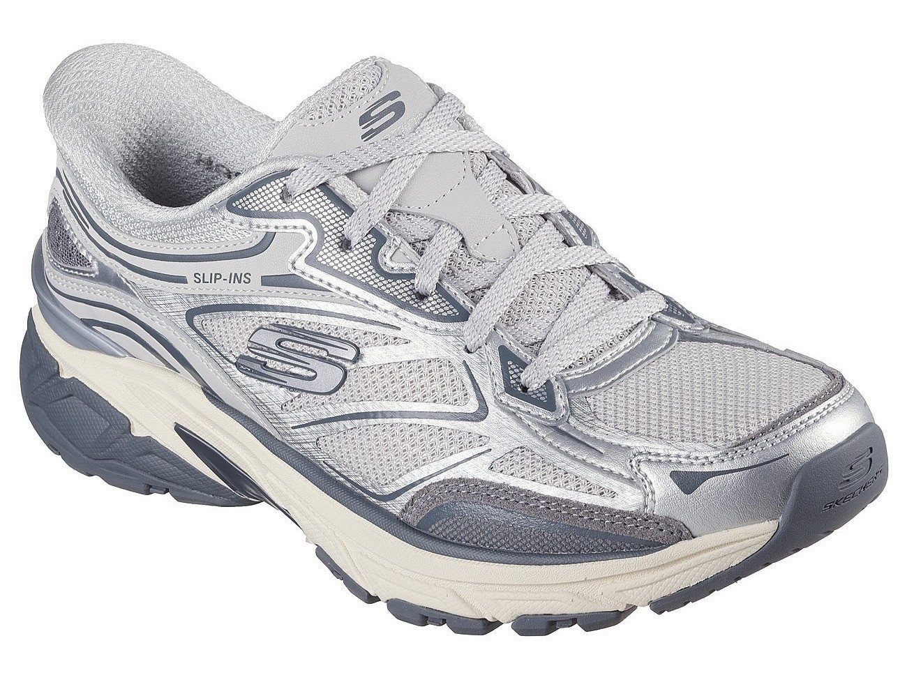Skechers STAMINA SPORT Slip-On Sneaker Retro Sneaker, Schnürschuh mit Metallic-Besätzen (silber)
