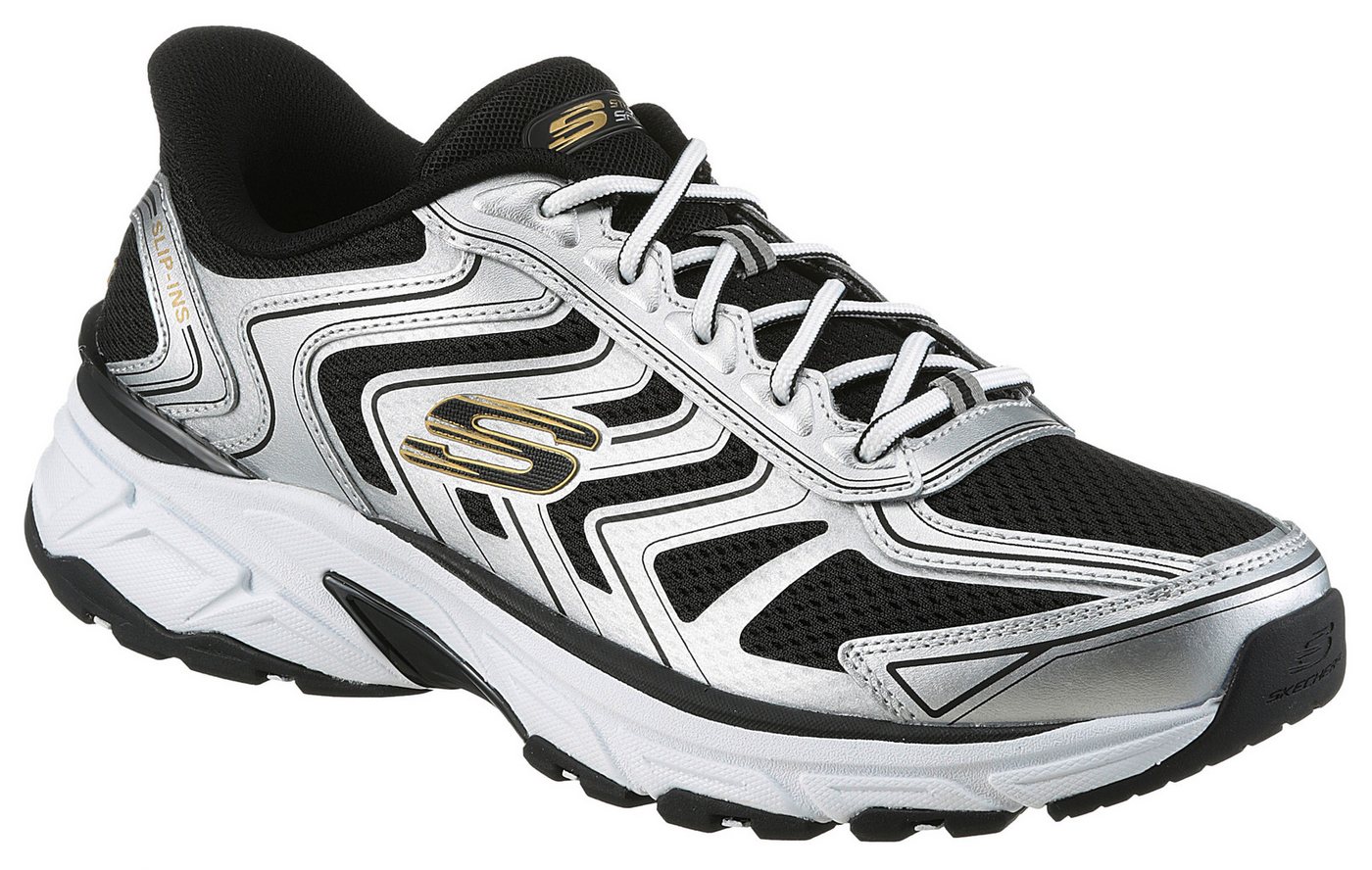 Skechers STAMINA SPORT Slip-On Sneaker Retro Sneaker, Schnürschuh mit Slip-ins (schwarz/silber)