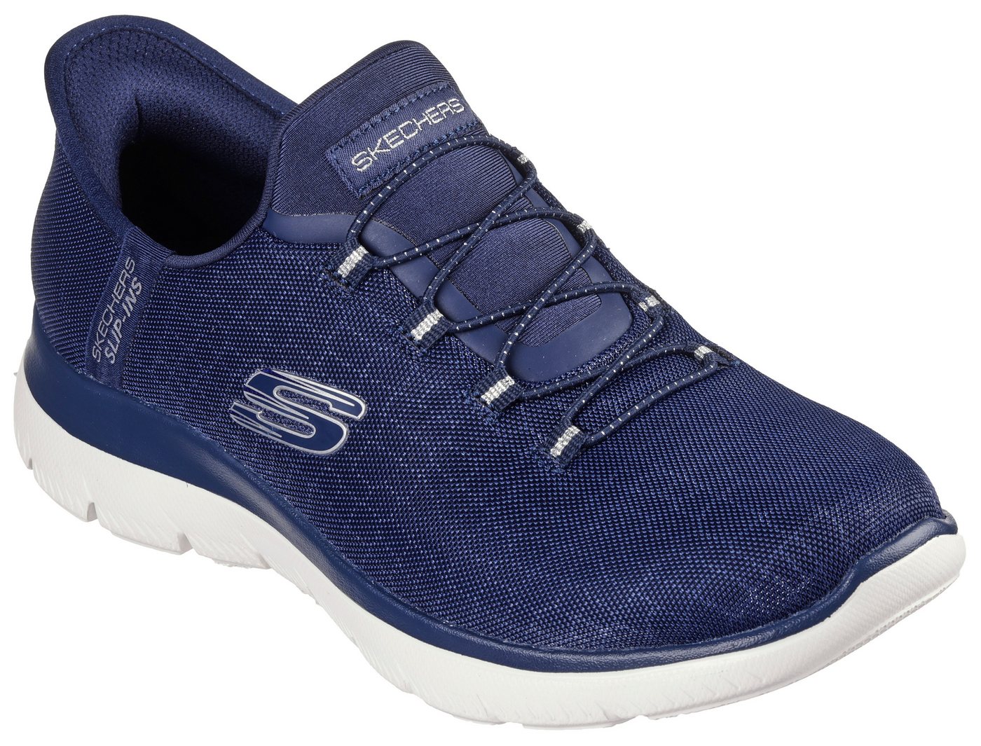 Skechers SUMMITS-CLASSY NIGHT Slip-On Sneaker Slipper, Freizeitschuh mit komfortabler Heel Pillow Funktion (blau/silber)