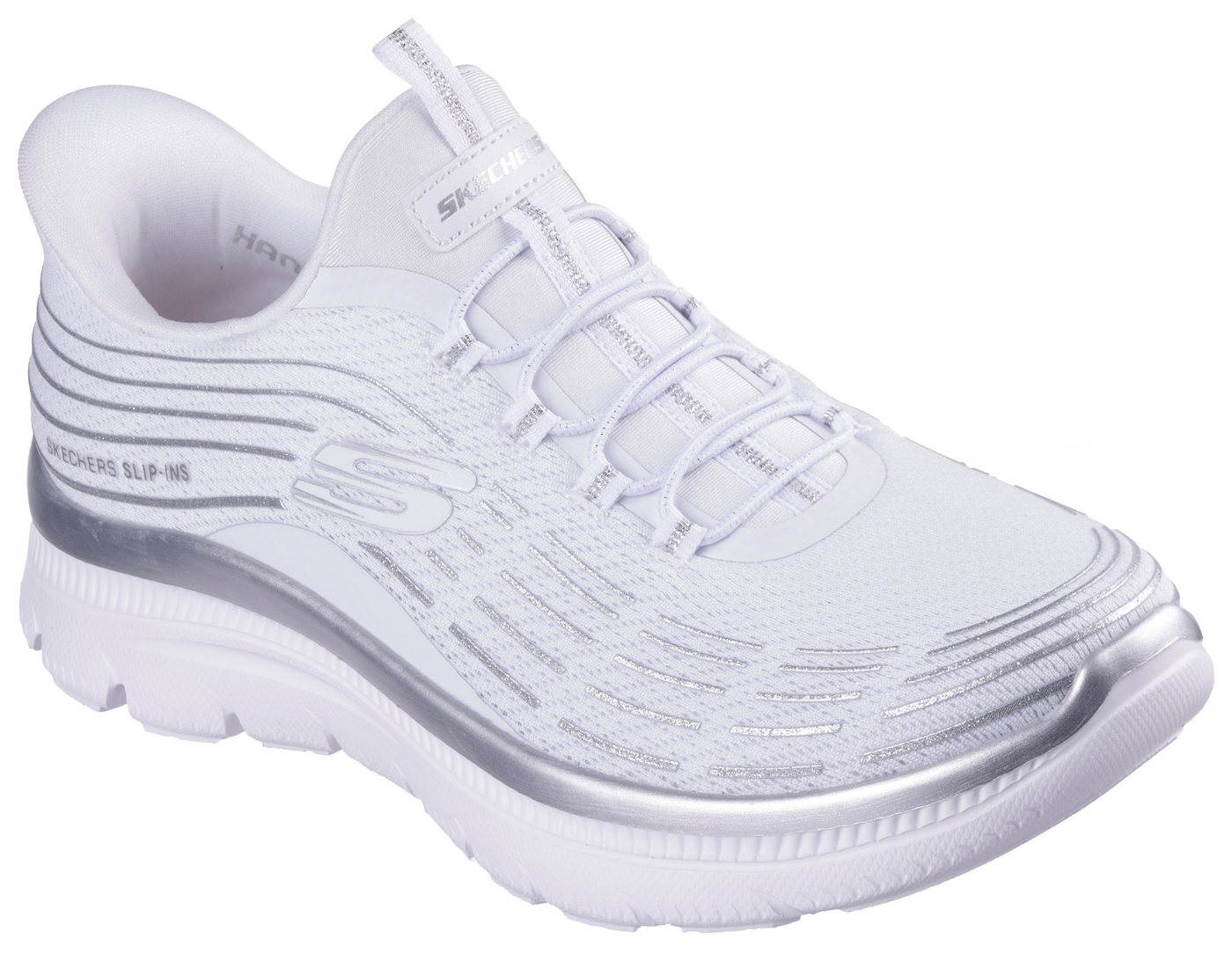 Skechers SUMMITS PLUS-SOFT LUSTER Slip-On Sneaker Freizeitschuh, Schlupfschuh in veganer Verarbeitung (silber/weiß)