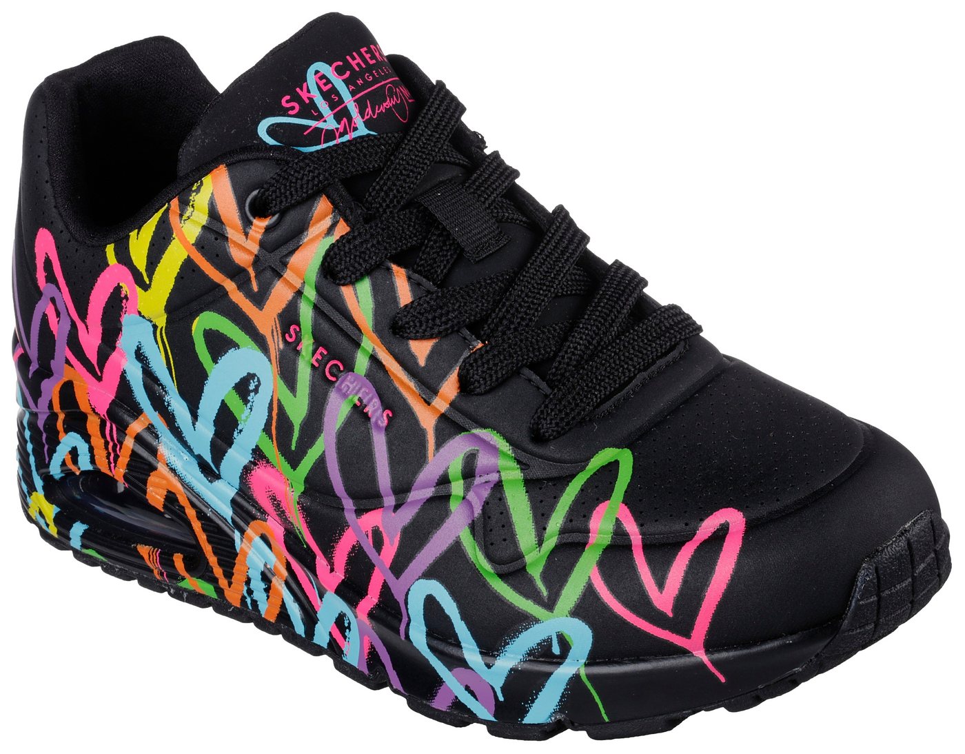 Skechers UNO - HIGHLIGHT LOVE Sneaker, Freizeitschuh, Halbschuh, Schnürschuh mit Herzchen-Print (schwarz/bunt)