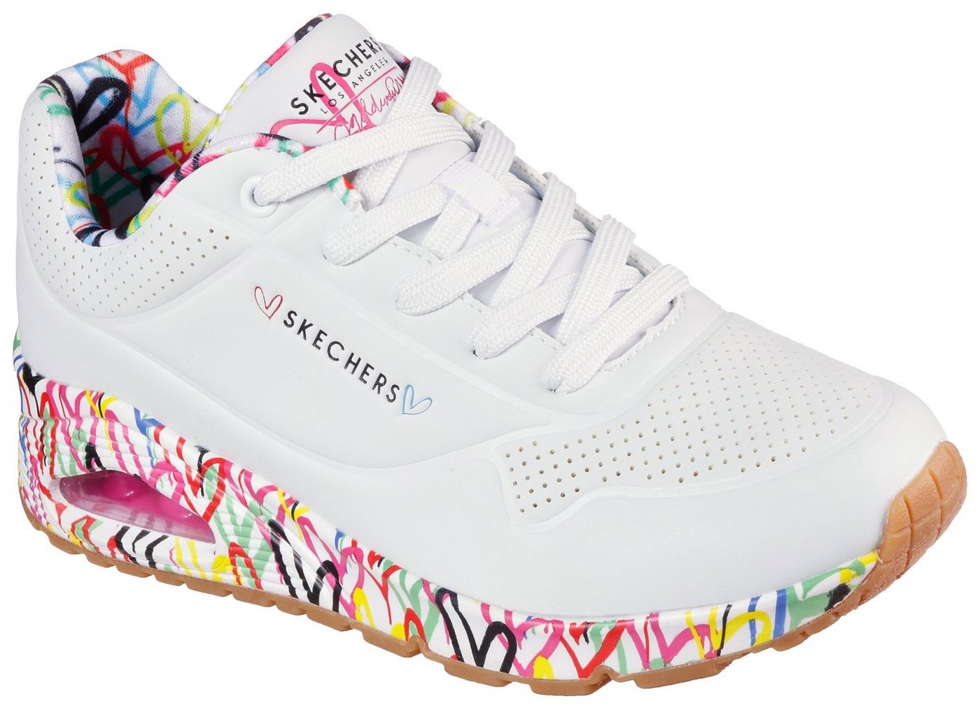 Skechers UNO-LOVING LOVE Wedgesneaker Freizeitschuh, Halbschuh, Schnürschuh mit coolem Graffiti-Print (bunt/weiß)