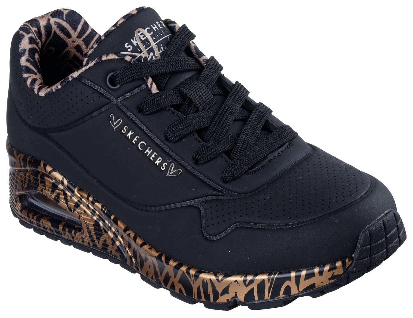 Skechers UNO-LOVING LOVE Wedgesneaker Freizeitschuh, Halbschuh, Schnürschuh mit coolem Graffiti-Print (gold/schwarz)