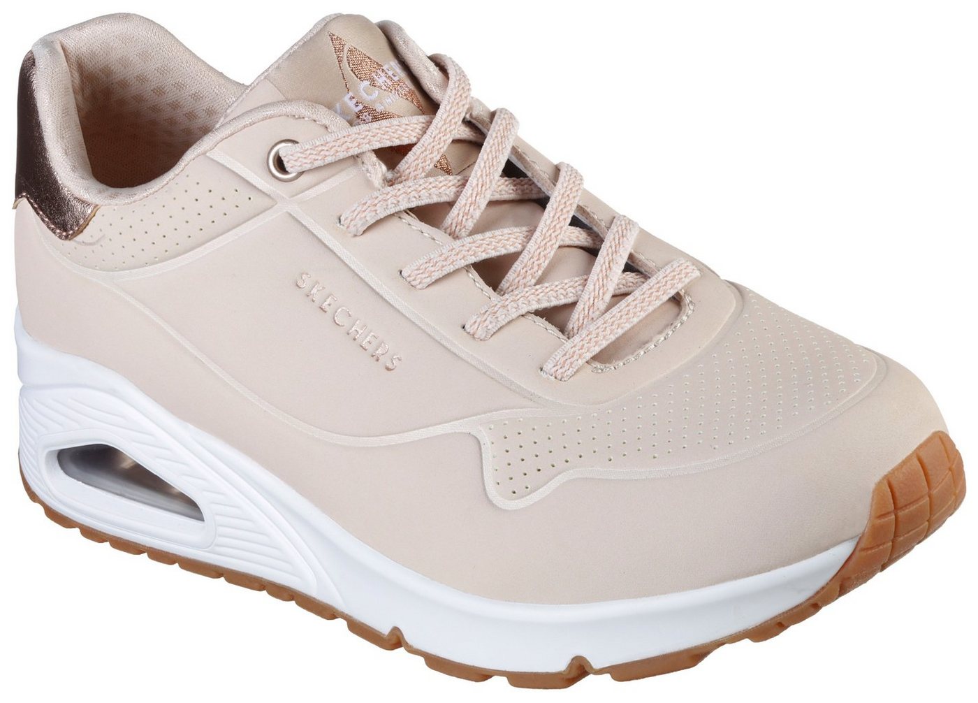 Skechers UNO SHIMMER AWAY Slip-On Sneaker Slipper, Freizeitschuh, Plateausneaker mit modischem Keilabsatz (beige)