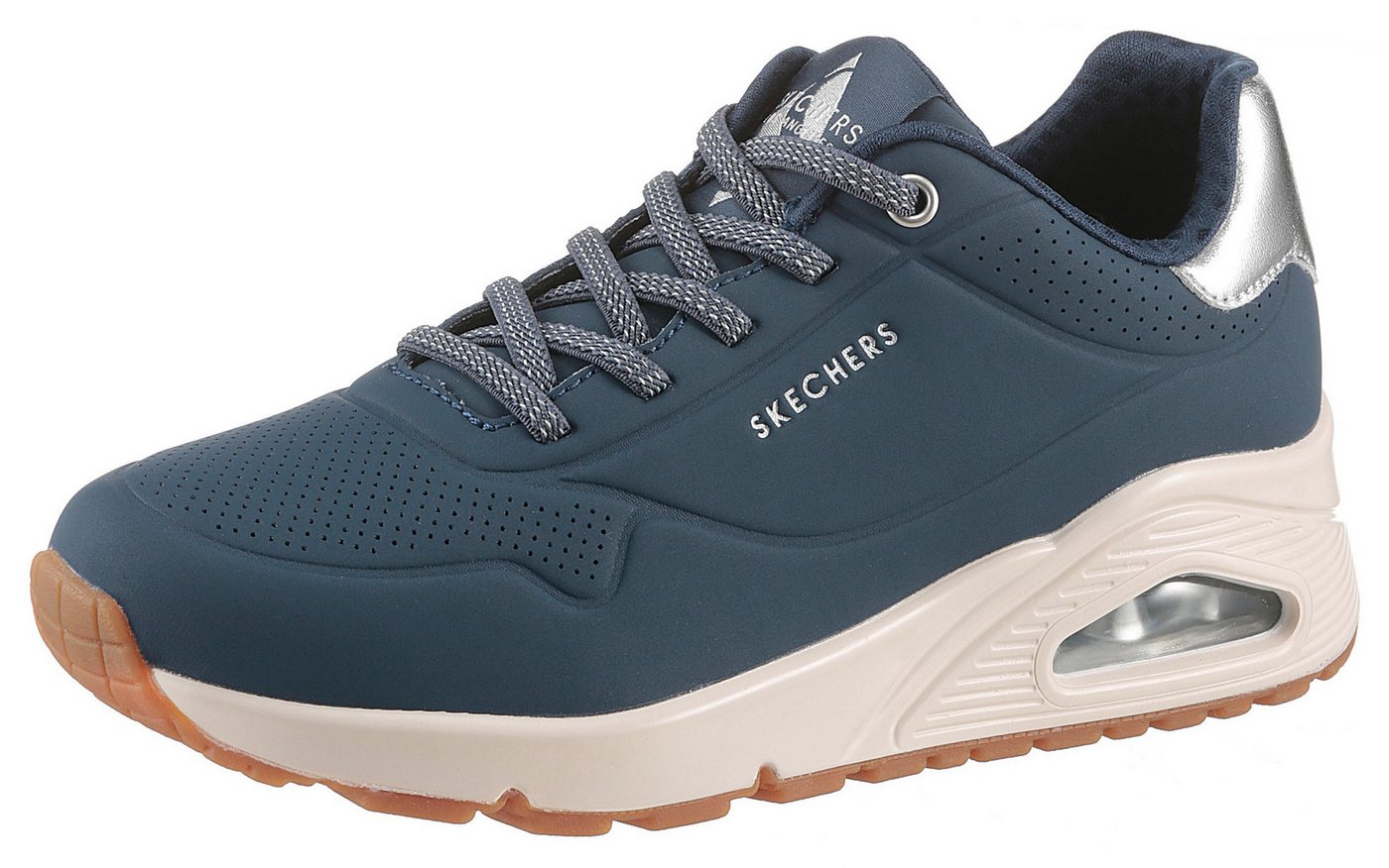 Skechers UNO SHIMMER AWAY Slip-On Sneaker Slipper, Freizeitschuh, Plateausneaker mit modischem Keilabsatz (blau/silber)