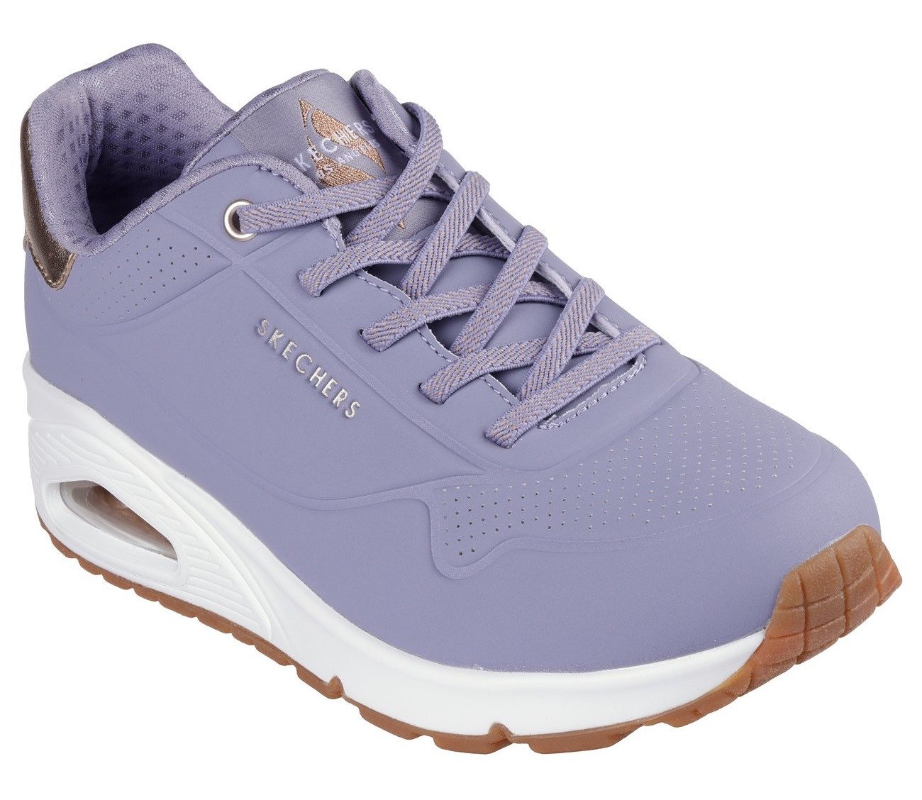 Skechers UNO SHIMMER AWAY Slip-On Sneaker Slipper, Freizeitschuh, Plateausneaker mit modischem Keilabsatz (lila)