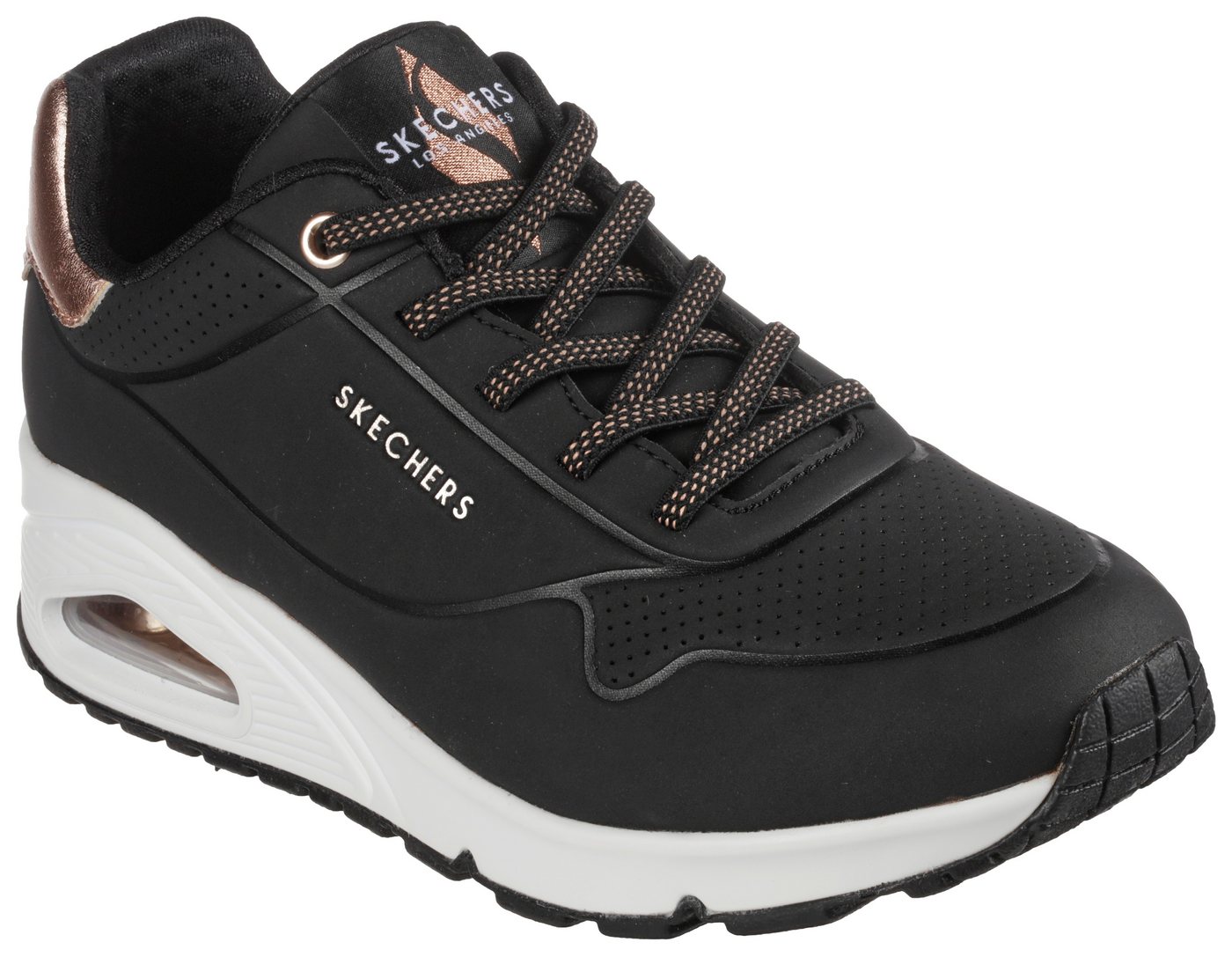 Skechers UNO SHIMMER AWAY Slip-On Sneaker Slipper, Freizeitschuh, Plateausneaker mit modischem Keilabsatz (schwarz)