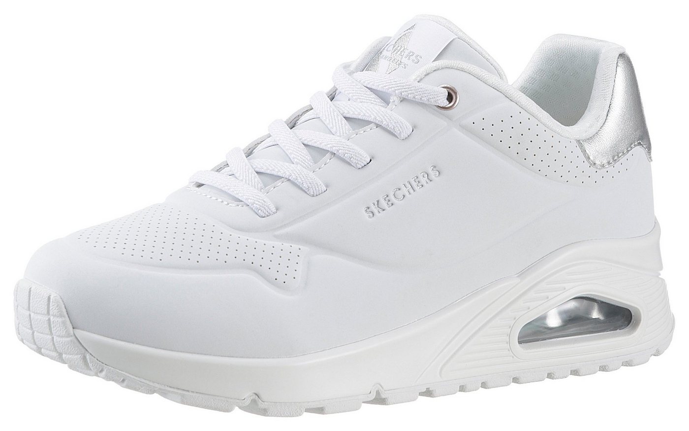 Skechers UNO SHIMMER AWAY Slip-On Sneaker Slipper, Freizeitschuh, Plateausneaker mit modischem Keilabsatz (silber/weiß)