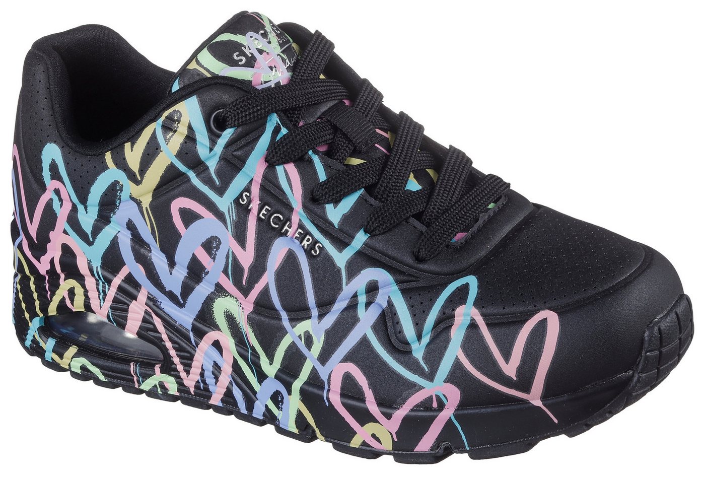 Skechers UNO-SPREAD THE LOVE Wedgesneaker Freizeitschuh, Halbschuh, Schnürschuh mit coolem Graffiti-Print (schwarz)