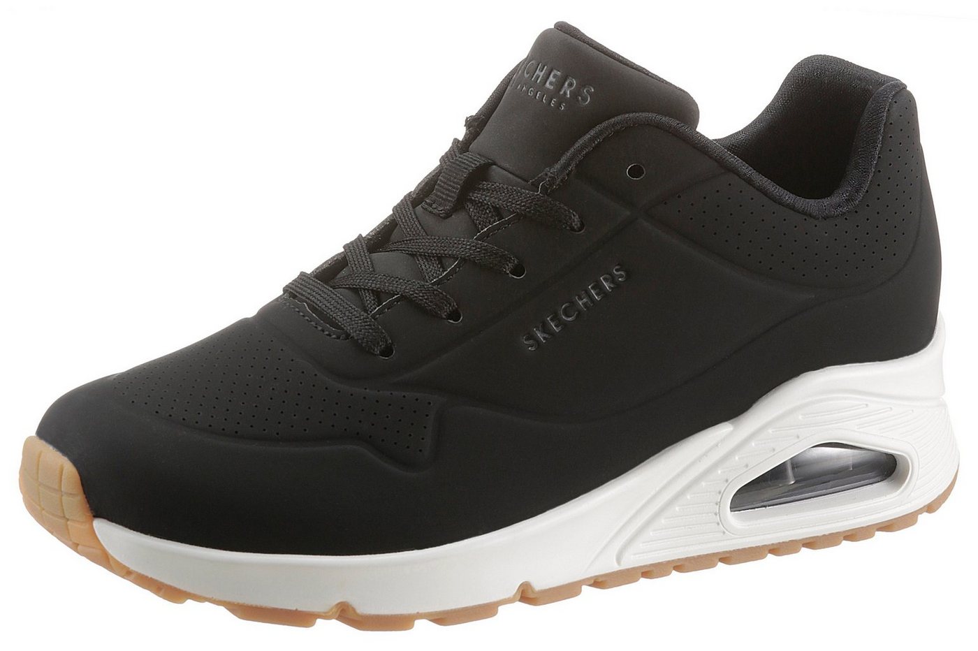 Skechers Uno - Stand on Air Wedgesneaker Freizeitschuh, Halbschuh, Schnürschuh mit feiner Perforation (schwarz)