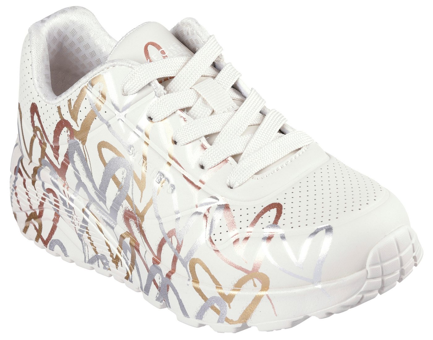 Skechers x JGoldcrown: Uno Lite - Metallic Love Plateausneaker, Schnürschuh, Keilsneaker mit Herzchen im Metallic Look bedruckt