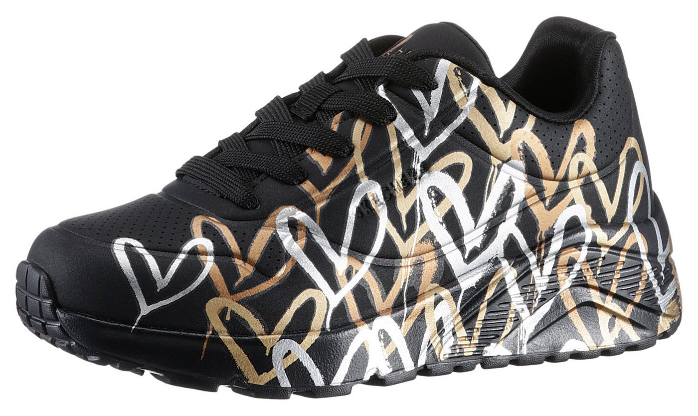Skechers x JGoldcrown: Uno Lite - Metallic Love Plateausneaker, Schnürschuh, Keilsneaker mit Herzchen im Metallic Look bedruckt
