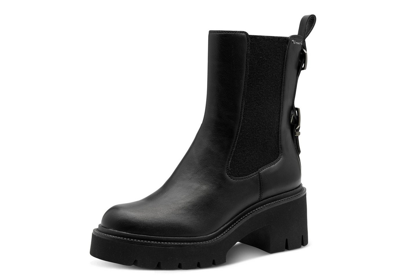 tamaris Chelseaboots, Blockabsatz, Stiefelette mit Zierschnallen-Element an der Ferse