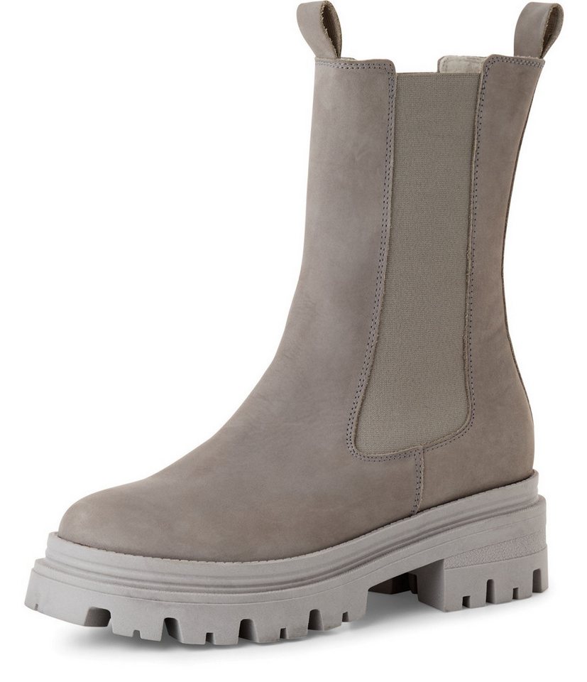 tamaris Chelseaboots, Blockabsatz, Schlupfboots, Kurzstiefel, beidseitige Stretcheinsätze (grau)