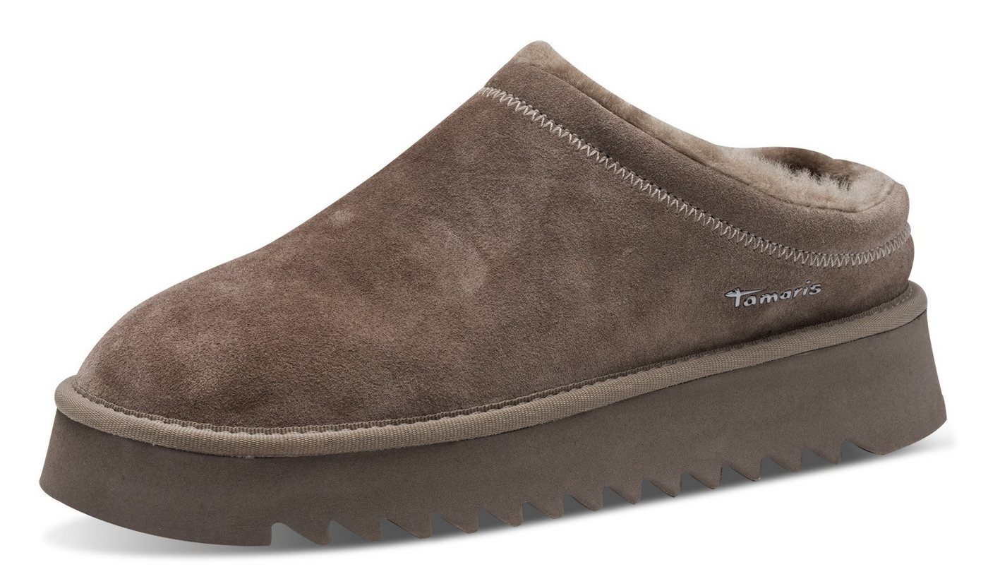 tamaris Hausschuh, Clogs, Bequemschuh mit Fellimitat-Kragen (beige)