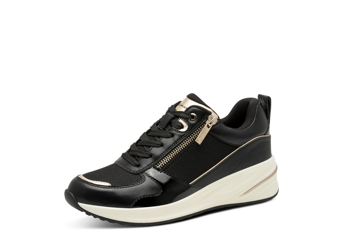 tamaris Keilsneaker, Schnürschuh, Halbschuh, Freizeitschuh mit Außenreißverschluss (schwarz/gold)