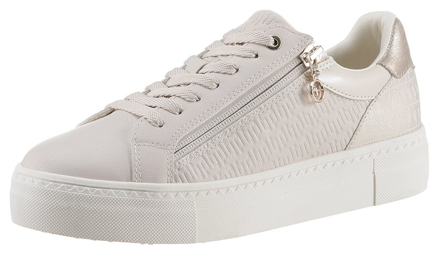 tamaris Plateausneaker, Freizeitschuh, Halbschuh, Schnürer mit Besätzen und Glitzerdetails (beige/gold)