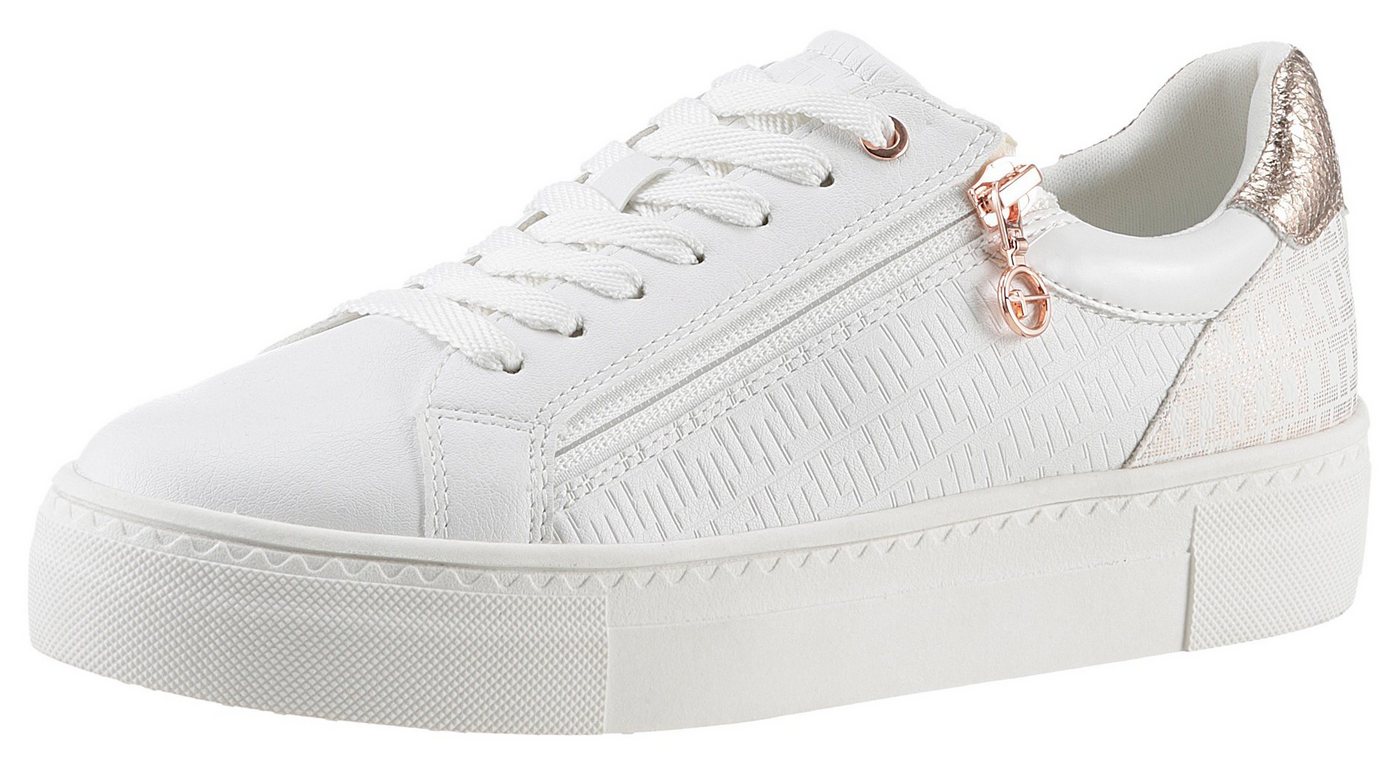 tamaris Plateausneaker, Freizeitschuh, Halbschuh, Schnürer mit Besätzen und Glitzerdetails (gold/weiß)