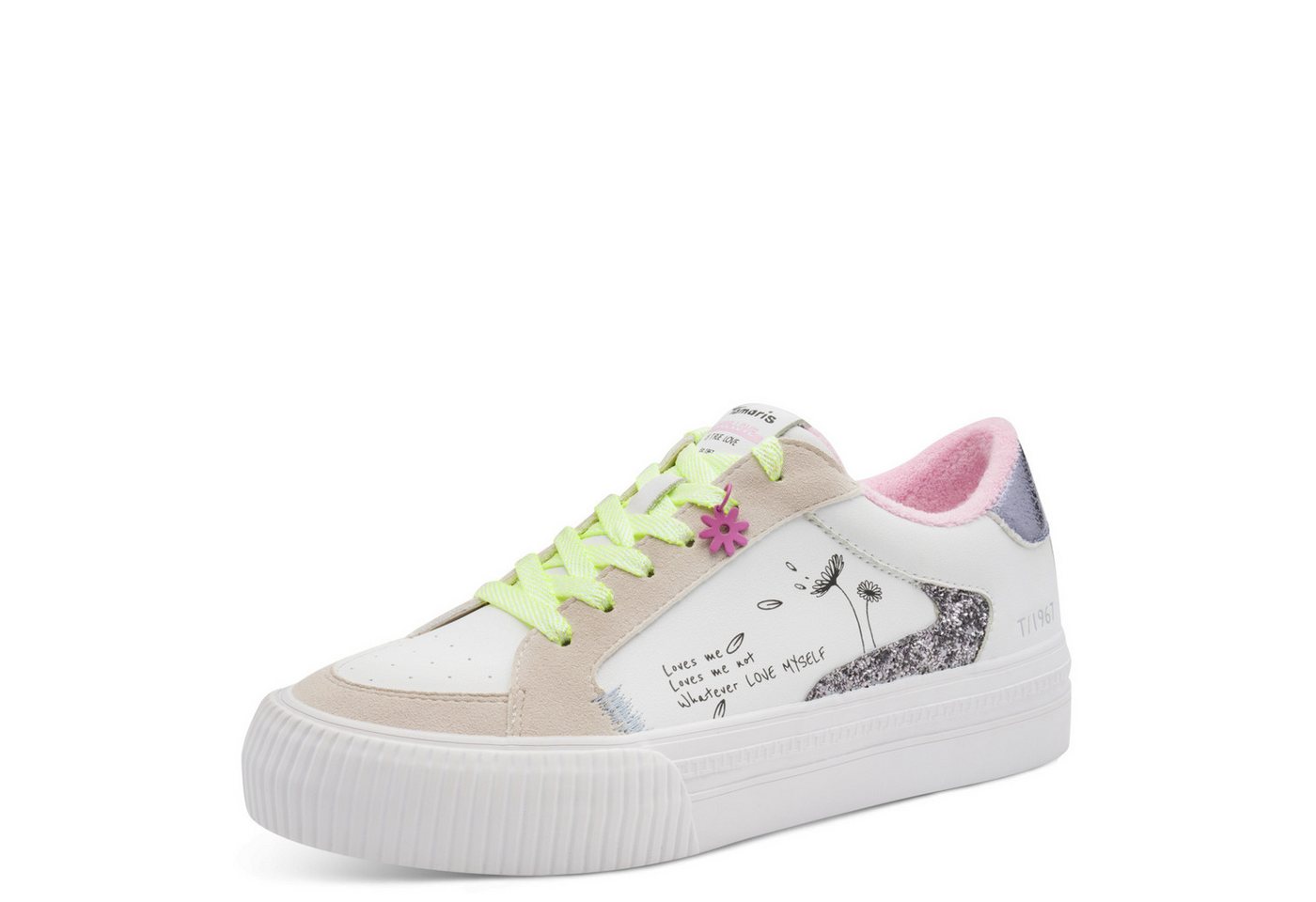 tamaris Plateausneaker, Freizeitschuh, Halbschuh, Schnürer mit Kontrastbesätzen und Glitzer (weiß)