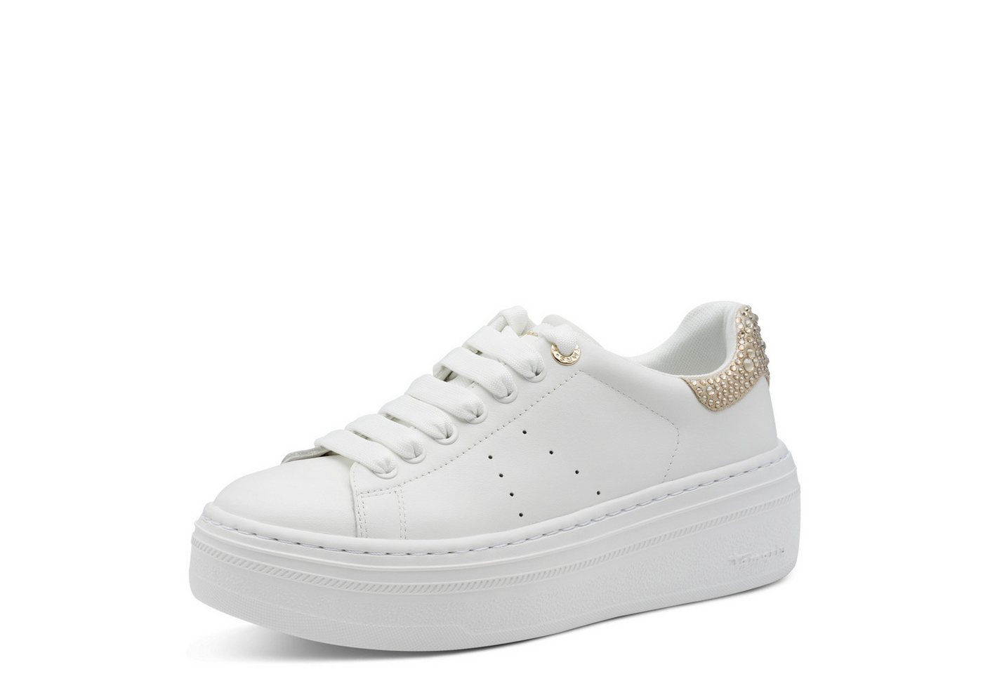 tamaris Plateausneaker, Schnürschuh, Halbschuh mit auffälligen Schmucksteinen an der Ferse (weiß)