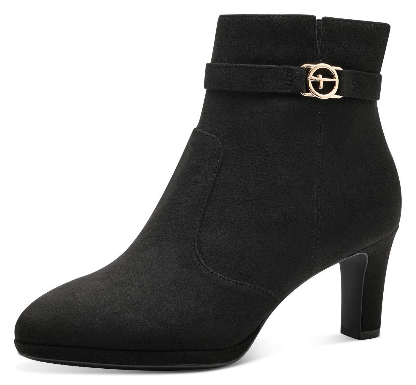 tamaris Stiefelette Trichterabsatz, Abendschuh mit elegantem Zierriemchen mit Logoemblem (schwarz)