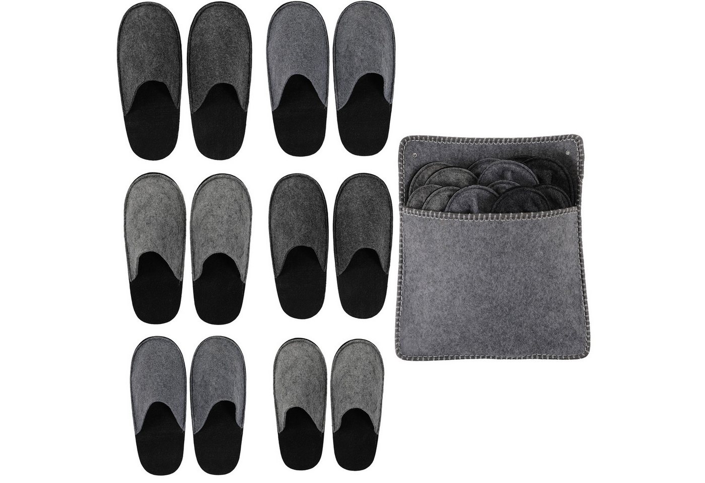 TLGREEN Filzpantoffeln Set 6 Stück mit Aufbewahrungstasche Plüsch Hausschuhe (Gästepantoffeln aus Filz, Rutschfeste Sohle, Hausschuhe für Damen & Herren, Größe 32-46) Ideal für Hotel, Wellness, Zuhause