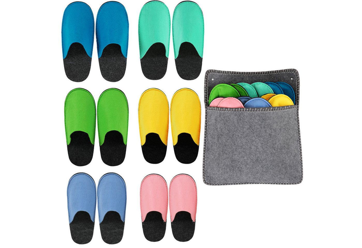 TLGREEN Filzpantoffeln Set 6 Stück mit Aufbewahrungstasche Plüsch Hausschuhe (Gästepantoffeln aus Filz, Rutschfeste Sohle, Hausschuhe für Damen & Herren, Größe 32-46) Ideal für Hotel, Wellness, Zuhause