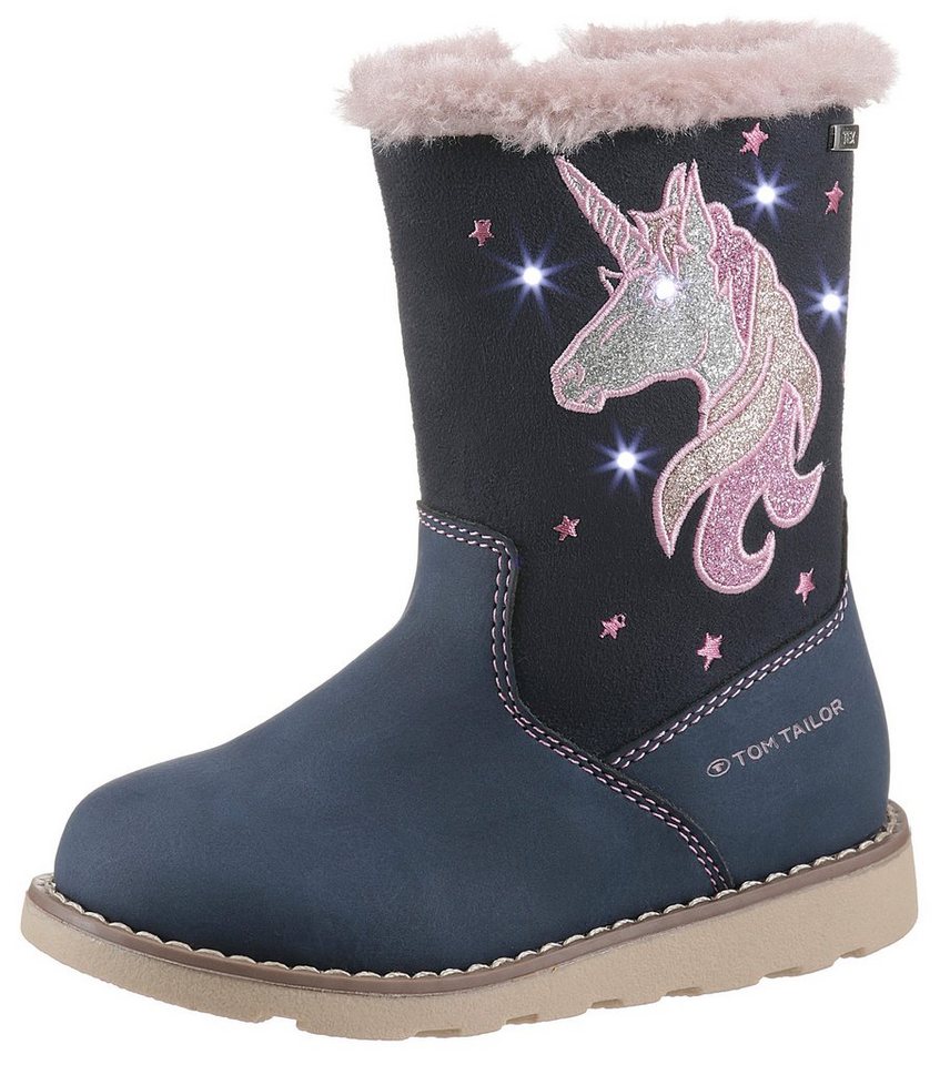 Tom Tailor Blinkschuh Winterstiefel, Langschafttstiefel, Kinderstiefel mit blinkendem Einhornmotiv (blau)