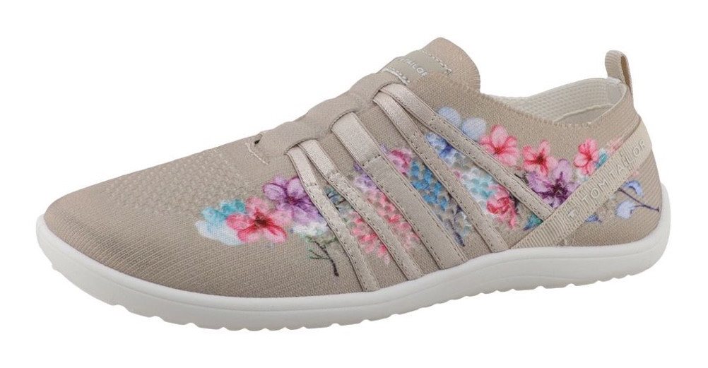 Tom Tailor Patty Slip-On Sneaker Freizeitschuh, Halbschuh, Slipper mit hübschen Blütendrucken (beige)