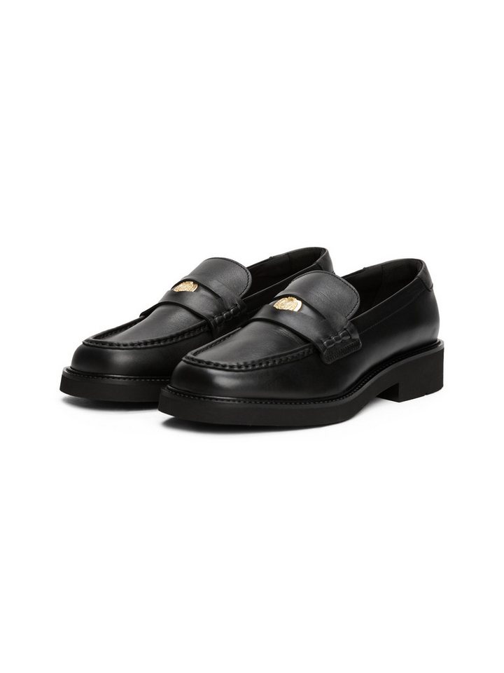 Tommy Hilfiger CREST SQUARISH TOE PENNY LOAFER Loafer, Blockabsatz, Slipper, Businessschuh mit Schmuckelement (schwarz)