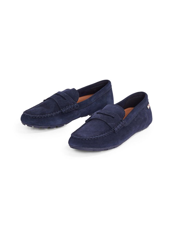 Tommy Hilfiger FLAG SOFT SUEDE DRIVER LOAFER Slipper, Schlupfschuh, Bequemschuh, Mokassin, Flats mit modischen Zierriegel (blau)