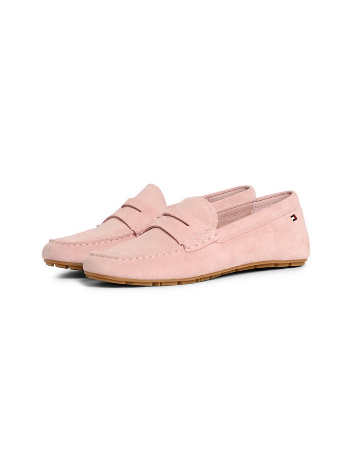 Tommy Hilfiger FLAG SOFT SUEDE DRIVER LOAFER Slipper, Schlupfschuh, Bequemschuh, Mokassin, Flats mit modischen Zierriegel (rosa)
