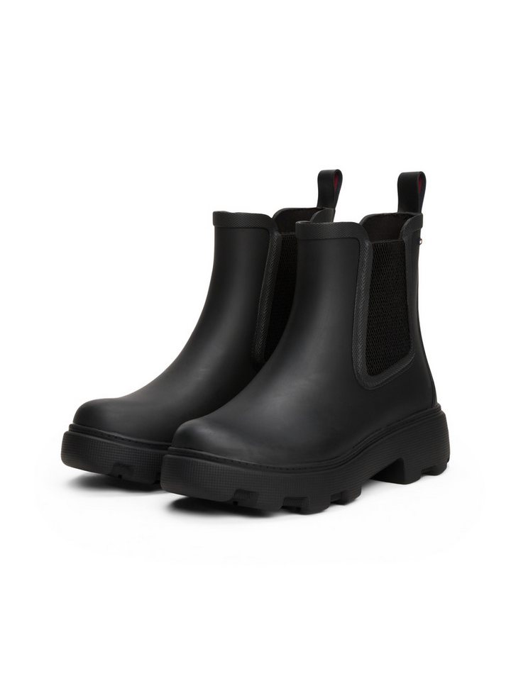 Tommy Hilfiger RUBBER FLAG CLEATED RAINBOOT Chelseaboots, Blockabsatz, Schlupfboots, Gummistiefel, beidseitiger Stretcheinsatz (schwarz)