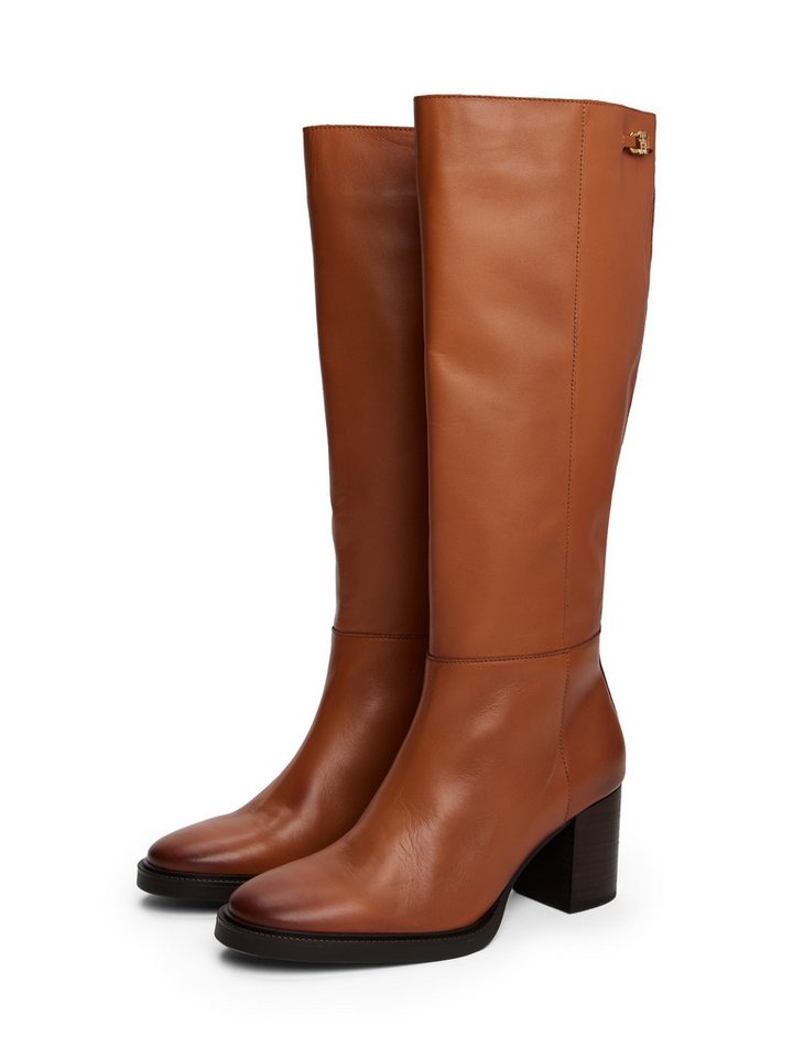 Tommy Hilfiger STACKED HEEL LEATHER LONG BOOT Stiefel, Blockabsatz, Langschaftstiefel mit goldfarbenem Logo-Schmuckelement (braun)