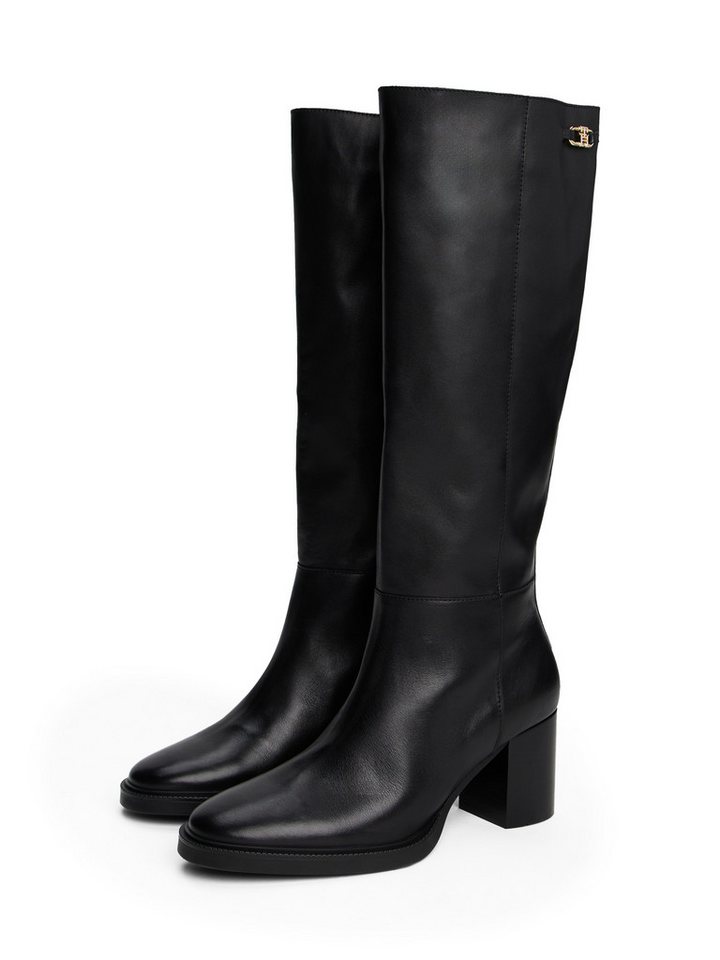 Tommy Hilfiger STACKED HEEL LEATHER LONG BOOT Stiefel, Blockabsatz, Langschaftstiefel mit goldfarbenem Logo-Schmuckelement