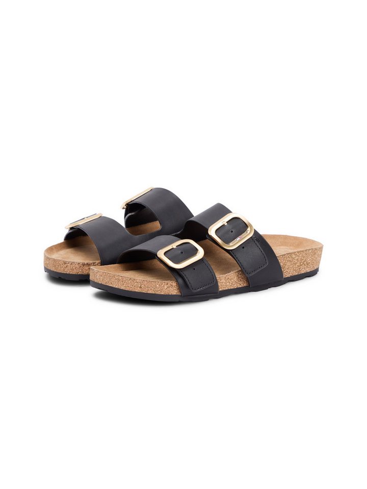 Tommy Hilfiger TH CLASSIC CORK SANDAL LEATHER Pantolette Sommerschuh, Schlupfschuh, Flat mit Logoemblem (schwarz)