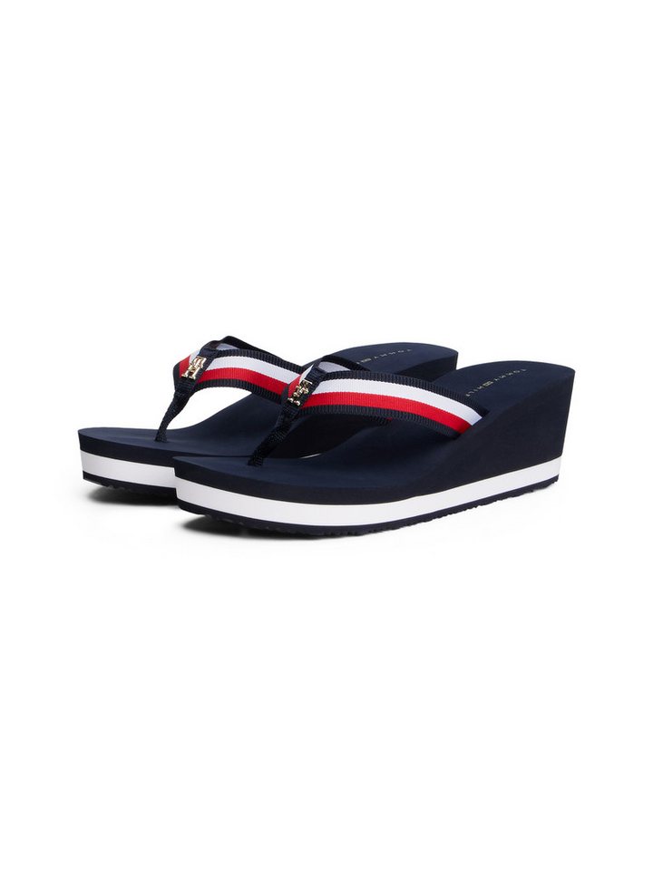 Tommy Hilfiger TH CORPORATE WEDGE BEACH SANDAL Dianette, Keilabsatz, Sommerschuh, Zehentrenner mit gestreiften Bandagen
