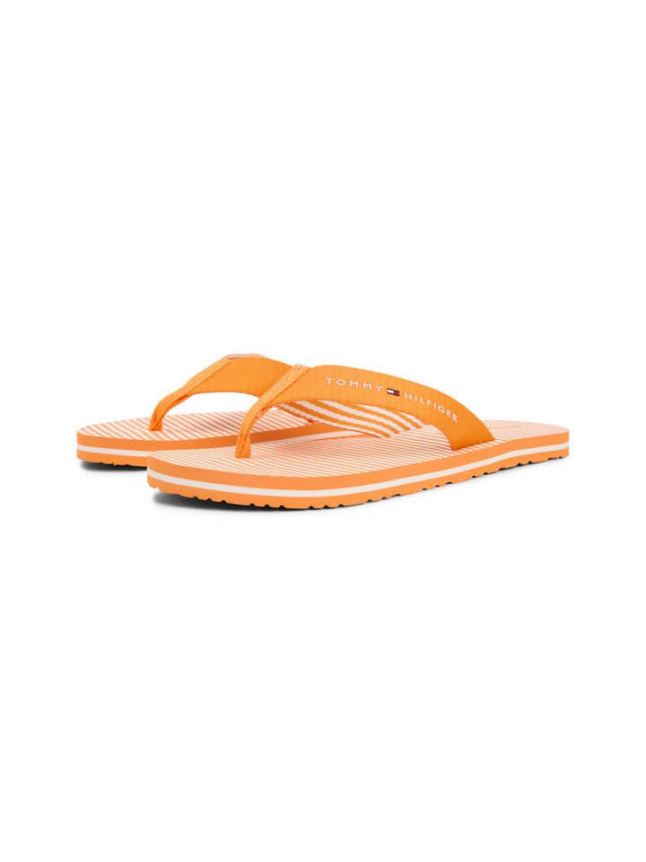 Tommy Hilfiger TH ITHACA STRIPE SUMMER SANDAL Zehentrenner Sommerschuh, Pool Slide, Dianette, Flat mit Logo-Schriftzug (orange/weiß)
