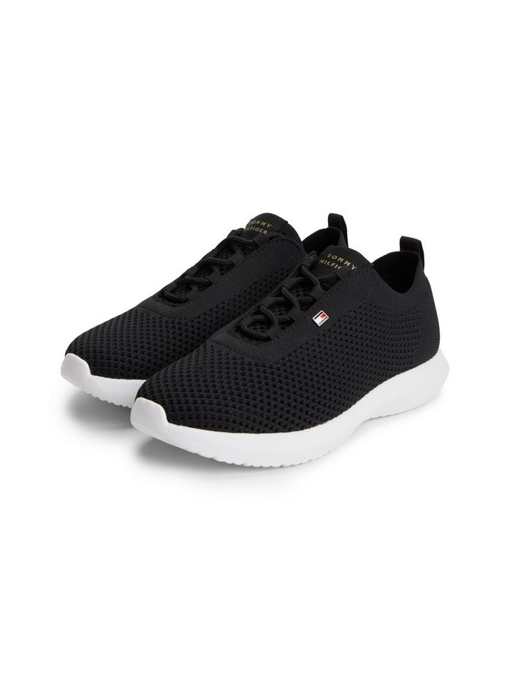 Tommy Hilfiger TH KNIT RUNNER Keilsneaker Freizeitschuh, Halbschuh, Schnürschuh mit Logoflaggen-Element (schwarz)
