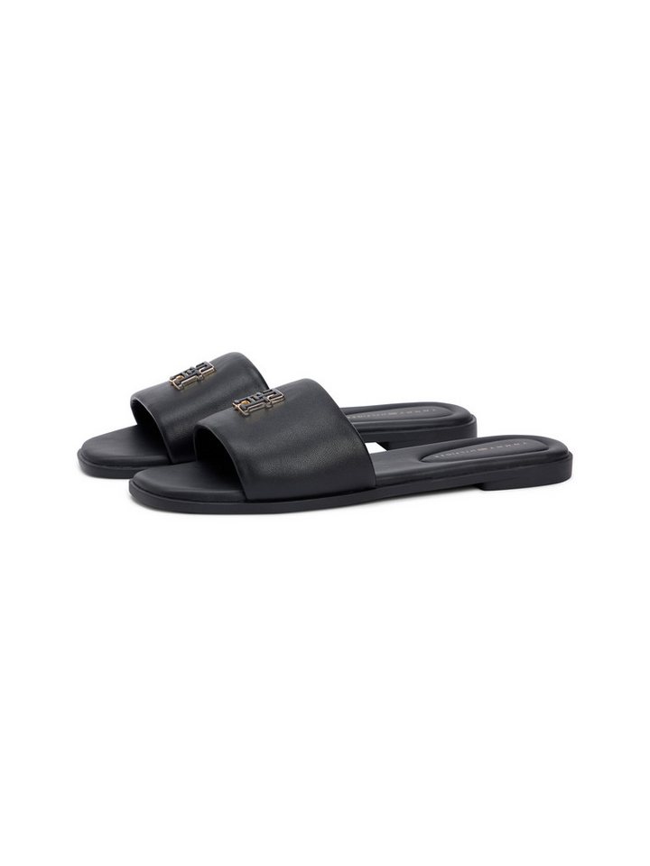 Tommy Hilfiger TH LOGO HARDWARE LEATHER MULE Pantolette, Blockabsatz, Sommerschuh, Schlupfschuh mit stylischem Logoemblem (schwarz)