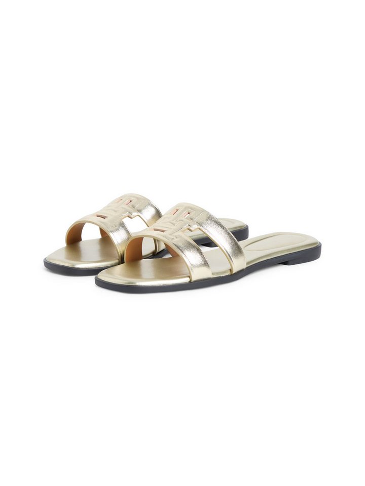 Tommy Hilfiger TH LOGO STRAP MULE GOLD Pantolette Sommerschuh, Schlüpfschuh, Flat mit Logo als Bandage