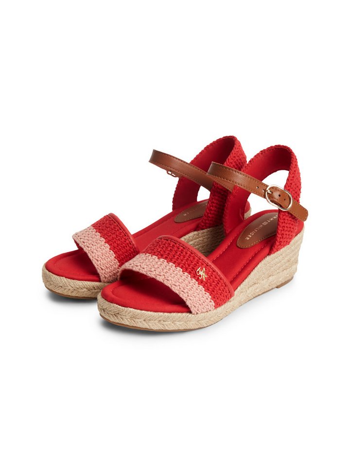 Tommy Hilfiger TH MID ESPAD WEDGE CROCHET Keilsandalette Sommerschuh, Riemchensandale in sommerlicher Häkel-Optik, schmale Form (rosa/rot)
